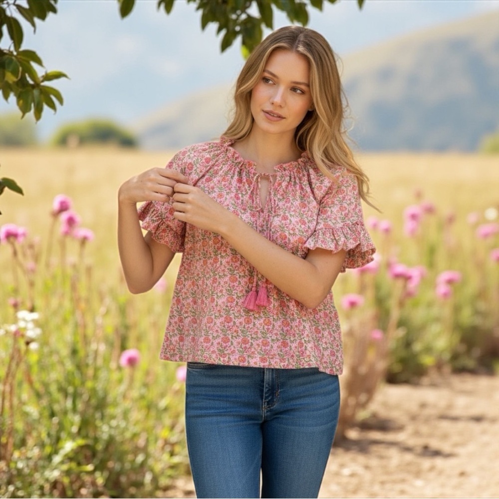 Tuckernuck Pink Floral Peasant Blouse